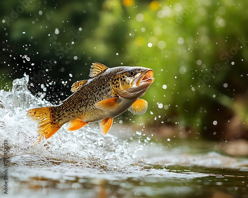 Trout leaps river, forest background photo
