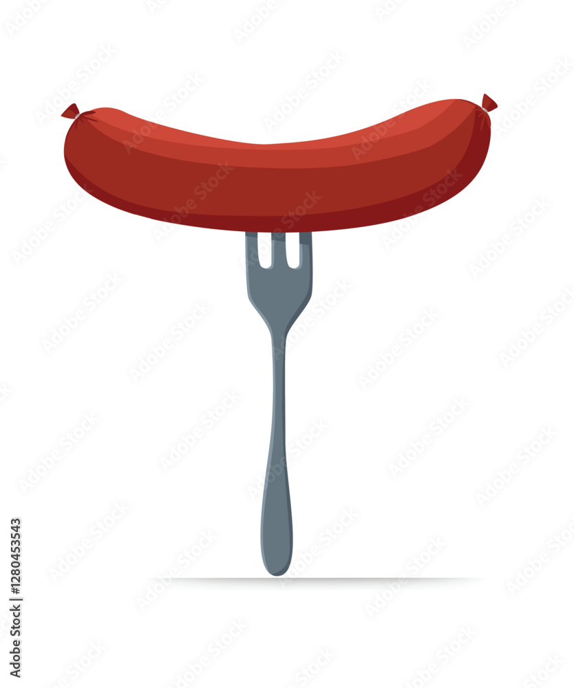Vector Flat Sausage and Fork Closeup Isolated on a White Background Vector Flat Sausage and Fork Closeup Isolated on a White Background