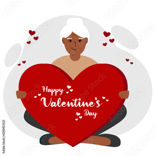 A woman holds a big red heart with congratulations on Valentine's Day. Vector flat illustration