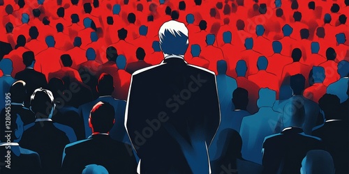 The Leader's Vision: A solitary figure in a suit stands facing a massive crowd of onlookers. The contrast in colors and the gaze of the leader create a striking scene of leadership, vision.