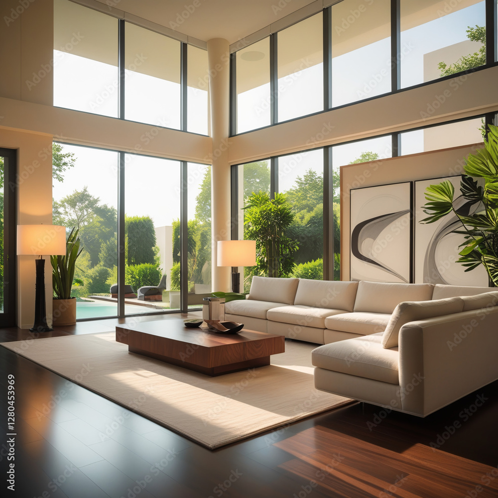 Modern Minimalist Living Room with Floor-to-Ceiling Windows and Natural Light Modern Minimalist Living Room with Floor-to-Ceiling Windows and Natural Light