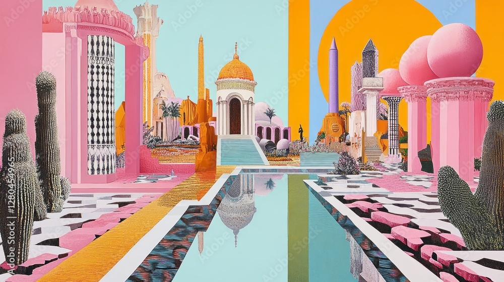 Obraz premium Surreal landscape features architectural wonders cacti and reflecting pool