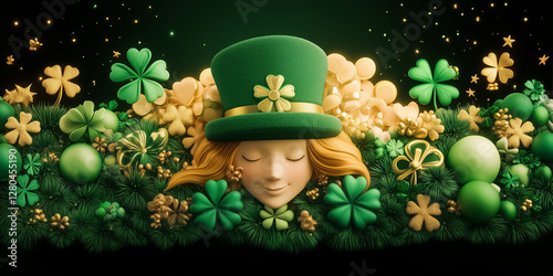 A joyful woman with closed eyes wears a vibrant green hat surrounded by clovers and golden decorations in a festive setting. This scene captures the spirit of Saint Patricks Day celebrations