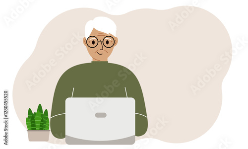A man is working or studying at a laptop. Freelancing or distance learning and work concept. Vector flat illustration.