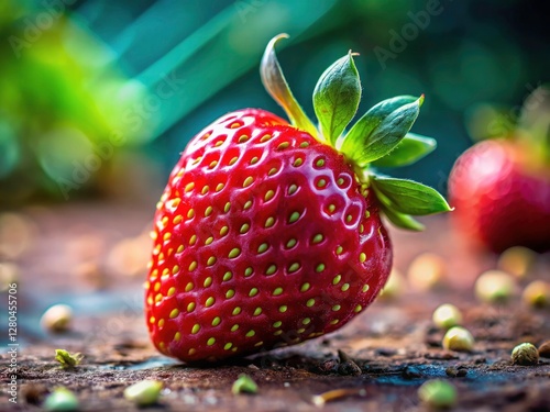 Organic strawberry's intricate details explode in this high-resolution tilt-shift macro close-up. photo