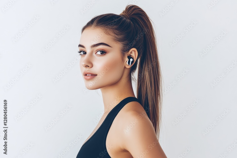 a woman wearing earphones, dressed in black with brown hair tied into a ponytail, against a white background a woman wearing earphones, dressed in black with brown hair tied into a ponytail, against a white background