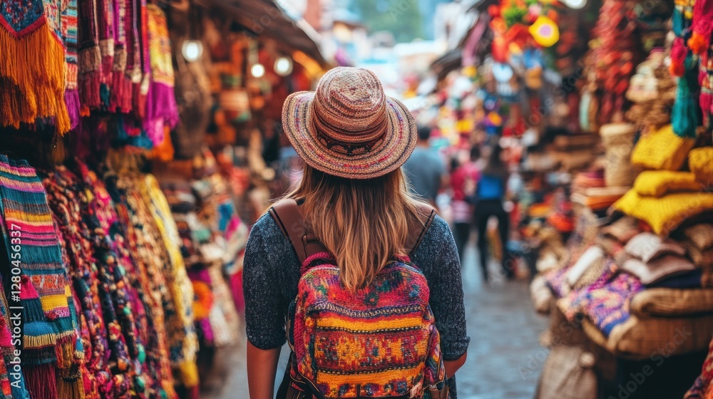 Fototapeta premium Wandering through vibrant stalls, A traveler's immersion in a cultural bazaar