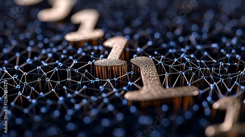 Close-up of intricate digital network with golden numeric elements representing data flow photo