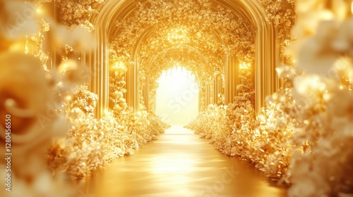 A luxurious golden wedding entrance with detailed