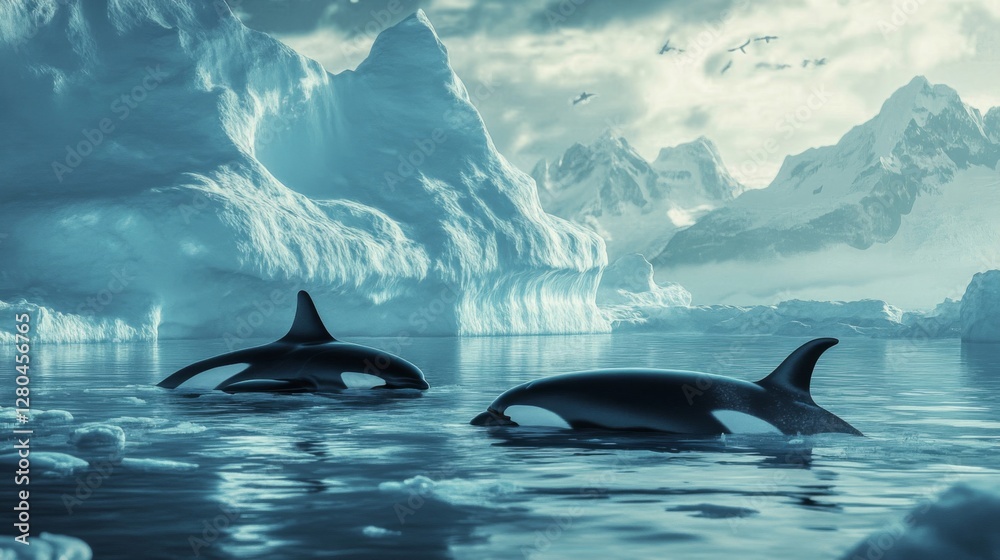 Fototapeta premium Two Orcas Swimming in Icy Arctic Waters