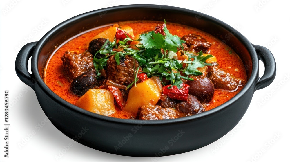 Close-up of Thai massaman curry, captured with clarity and precision, set against a white background for easy integration into designs--a rich and hearty dish with an isolate white background