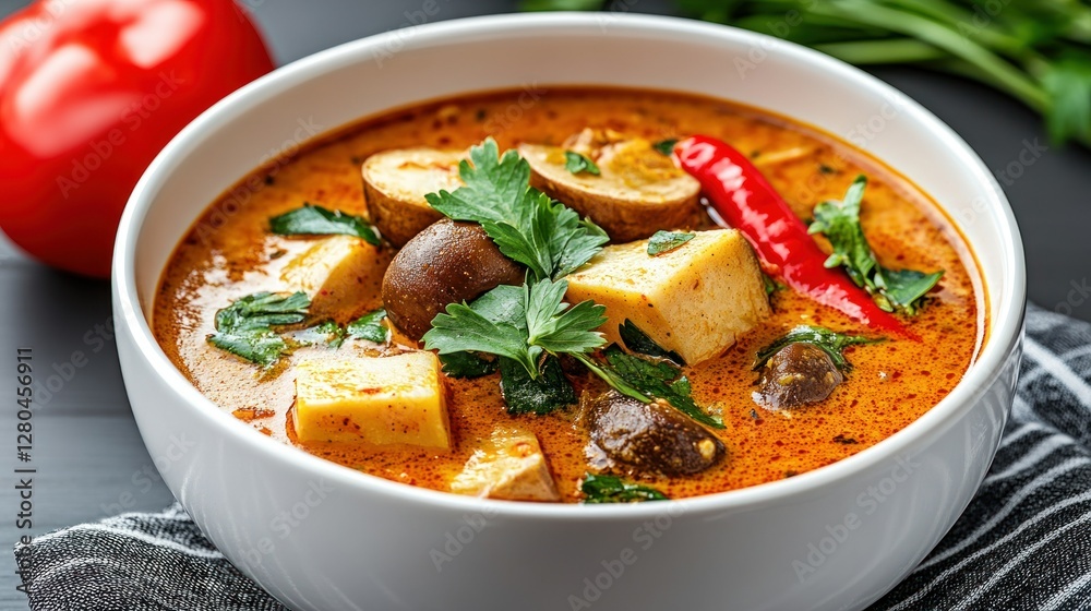 Close-up of Thai massaman curry, captured with clarity and precision, set against a white background for easy integration into designs--a rich and hearty dish with an isolate white background Close-up of Thai massaman curry, captured with clarity and precision, set against a white background for easy integration into designs--a rich and hearty dish with an isolate white background