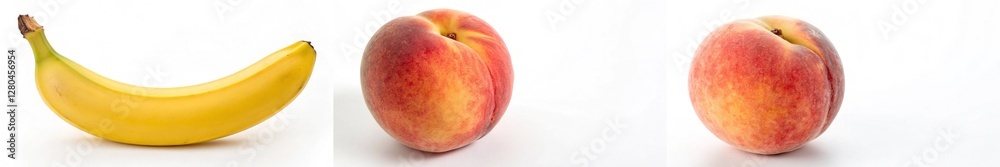 Fresh banana and peach arranged on a clean white background. Fresh banana and peach arranged on a clean white background.