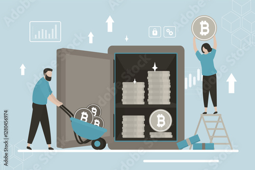 Business people putting bitcoins into strong box. Crypto currency savings concept. Investors insert bitcoin in virtual metal safe. Asset management. Deposit, finance, investment