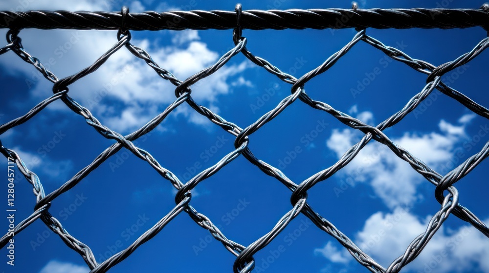 Close-up of a wire fence against a vibrant blue sky with fluffy white clouds. Close-up of a wire fence against a vibrant blue sky with fluffy white clouds.
