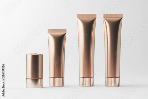 Metallic rose gold tubes in graduated sizes symbolize a cosmetic product line, minimalist and luxury design, skincare or beauty concept. photo