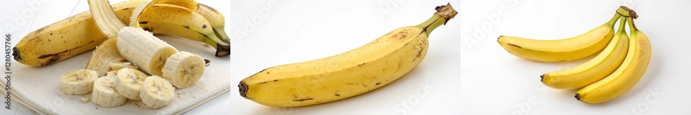 Fresh bananas sliced and whole, showcasing their vibrant yellow color and texture. Fresh bananas sliced and whole, showcasing their vibrant yellow color and texture.