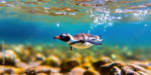 penguin swimming underwater with snorkel