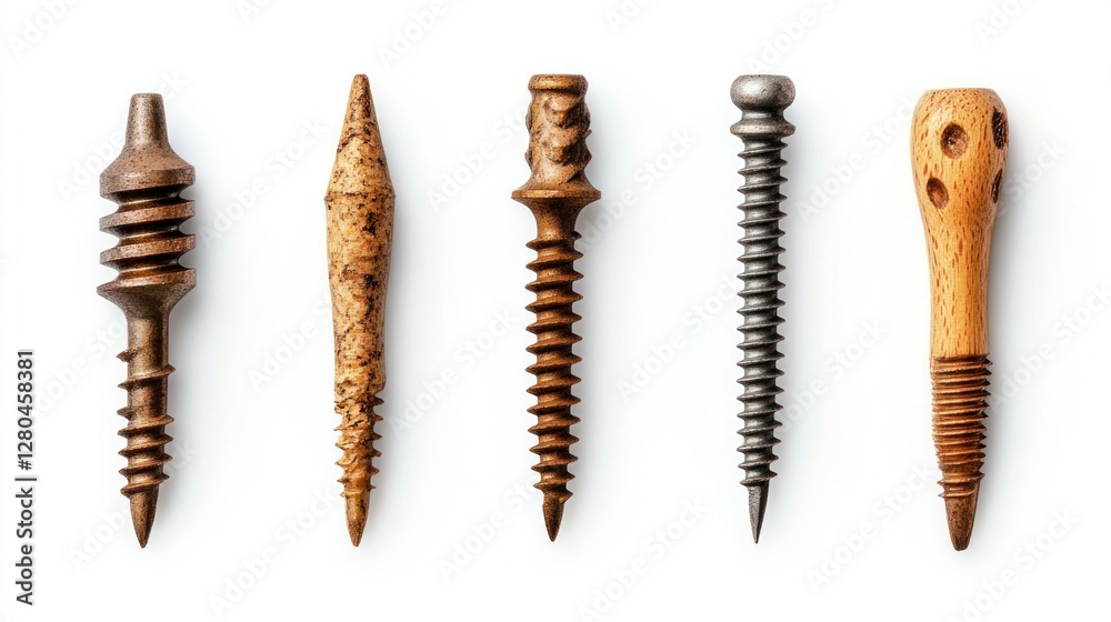 Detailed and sharp set of wood screws on a white background, ready for use in presentations, websites, and print materials Detailed and sharp set of wood screws on a white background, ready for use in presentations, websites, and print materials