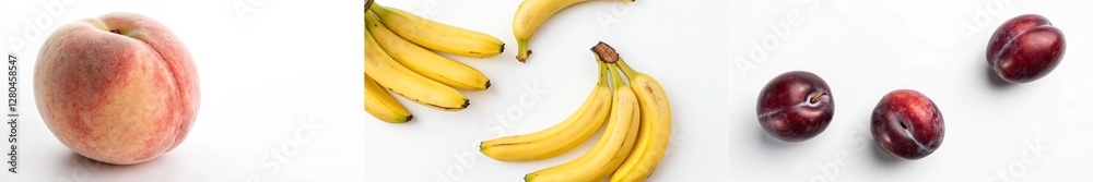 Fresh peaches and bananas arranged on a clean white background, showcasing vibrant colors. Fresh peaches and bananas arranged on a clean white background, showcasing vibrant colors.