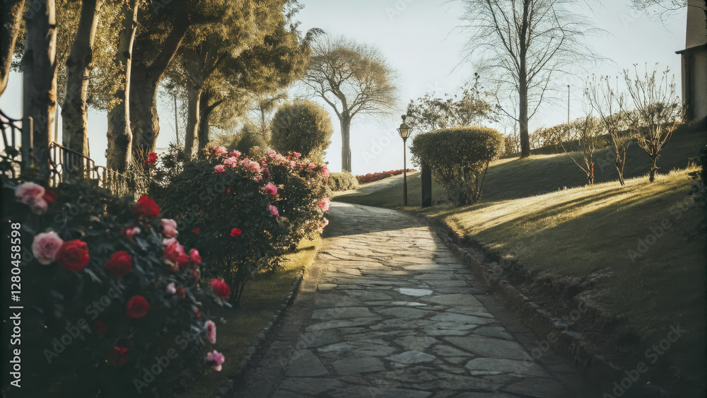 Fototapeta premium Stone garden pathway lined with blooming roses in sunlight