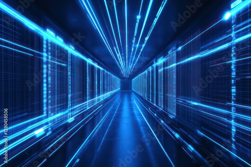 A visually striking image of encrypted data being transferred to a secure cloud, represented by neon blue technology lines.