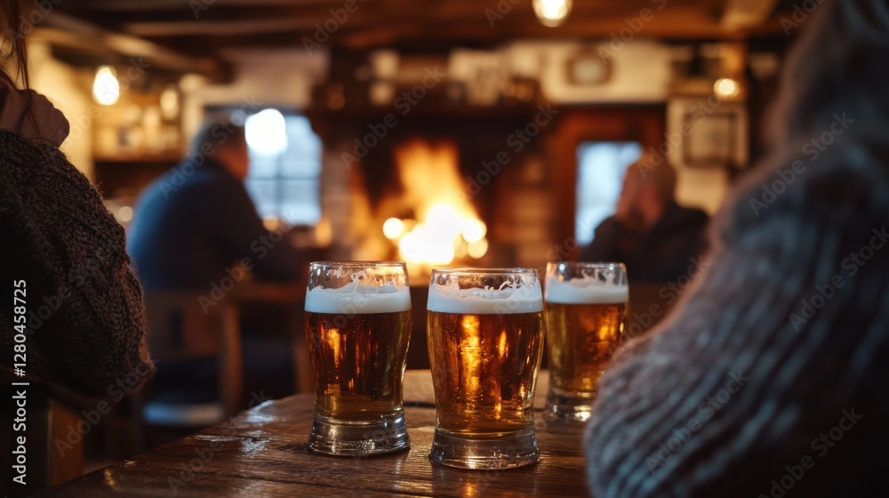 Alcohol consumption at a charming countryside pub with ales and open fireplaces. Featuring warmth and community