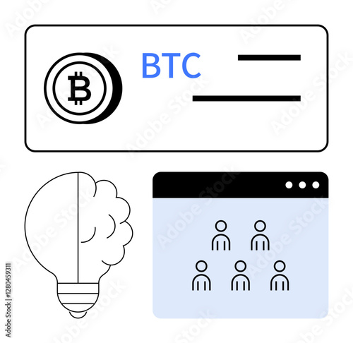 Bitcoin wallet with BTC logo, bulb for creativity, browser screen with team icons. Ideal for fintech, teamwork, cryptocurrency, finance, brainstorming, digital wallets abstract line flat metaphor