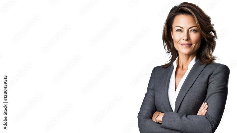 Portrait of a smiling business Asian woman, professional and confident in a grey business suit, isolated on a white background Portrait of a smiling business Asian woman, professional and confident in a grey business suit, isolated on a white background