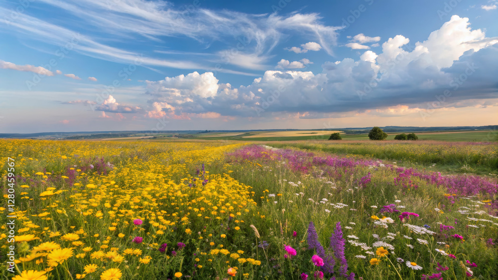 Vast spring meadow filled with colorful wildflowers Vast spring meadow filled with colorful wildflowers