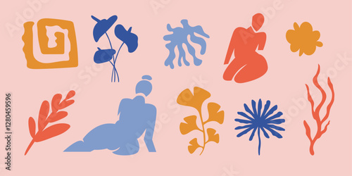 Summer botanical set with abstract floral design elements. Tropical Silhouettes of Birds, flowers, plants and woman figure enjoying sunset on nature. Abstract shapes leaves flat art. Isolated. Vector