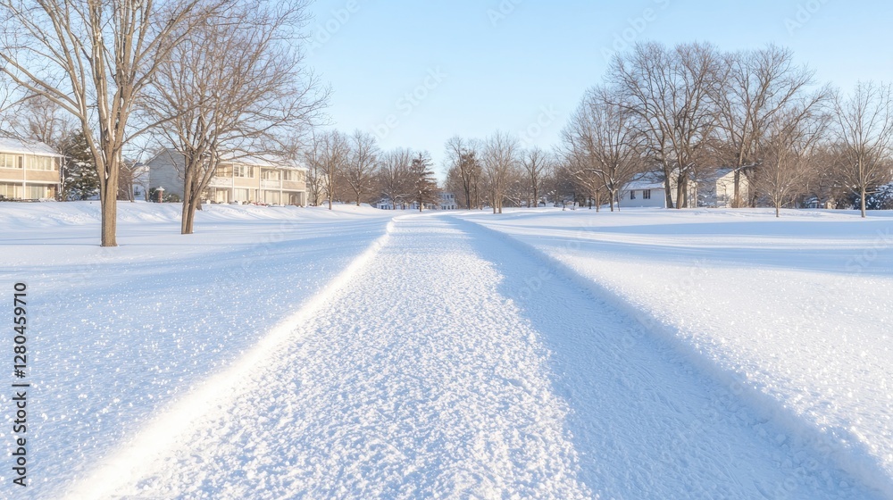 Snowy street through residential neighborhood. Wide shot.  Possible use Stock photo