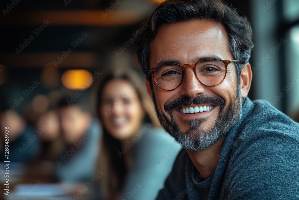 Smiling man enjoys a lively gathering at a modern cafe during an evening meetup with friends and acquaintances Smiling man enjoys a lively gathering at a modern cafe during an evening meetup with friends and acquaintances