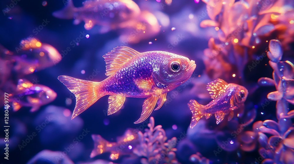 Fototapeta premium Luminous purple and orange fish swim in a vibrant underwater scene.