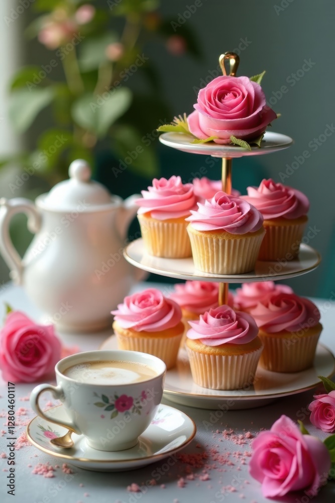 Delicate rose cupcakes, tiered stand, teacups, teapot, pretty, tasty Delicate rose cupcakes, tiered stand, teacups, teapot, pretty, tasty