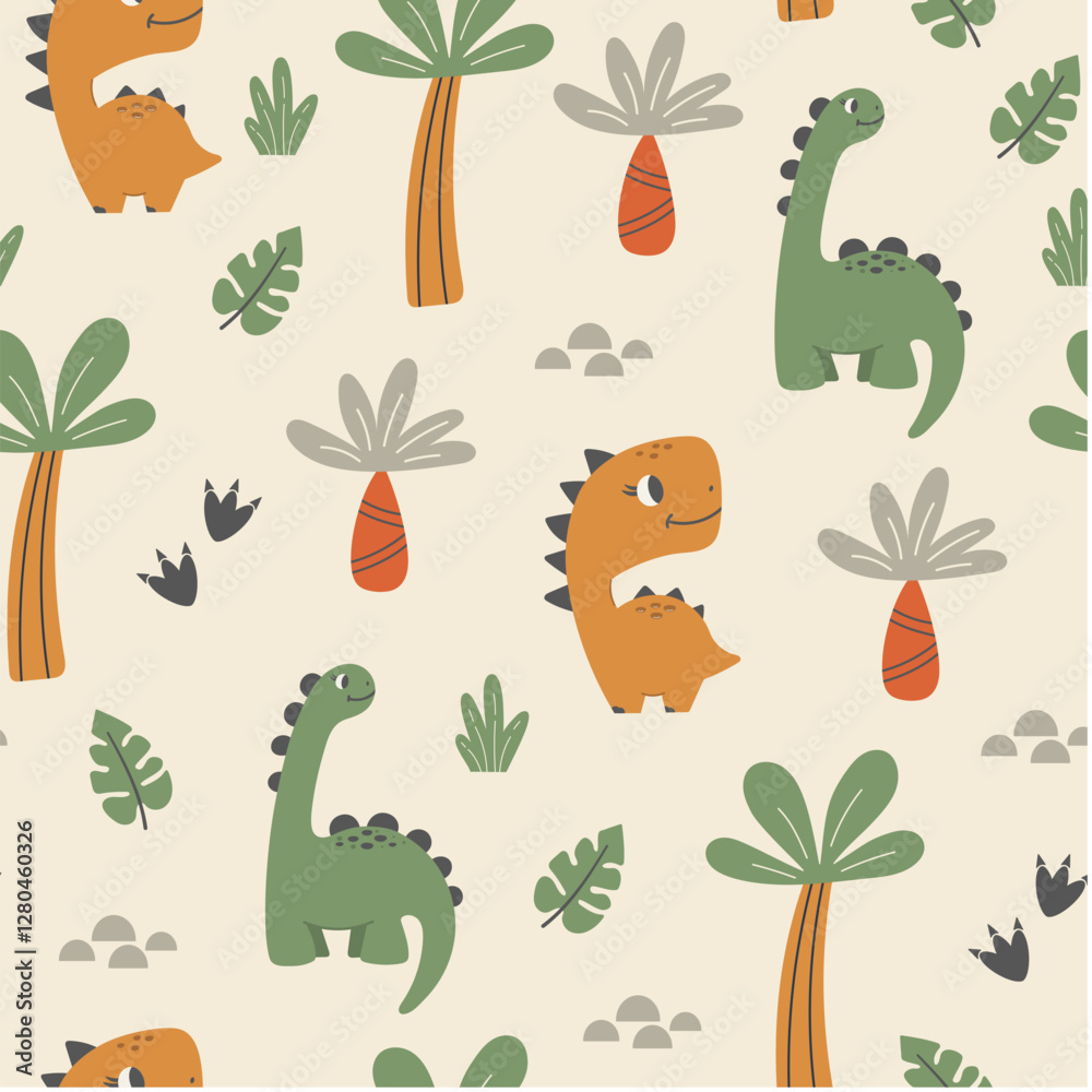 Colorful Childish seamless pattern with dinosaurs and palm trees on a light background. Hand drawn children's pattern for fashion clothes, shirt, fabric. Baby Dinosaur vector illustration. Colorful Childish seamless pattern with dinosaurs and palm trees on a light background. Hand drawn children's pattern for fashion clothes, shirt, fabric. Baby Dinosaur vector illustration.