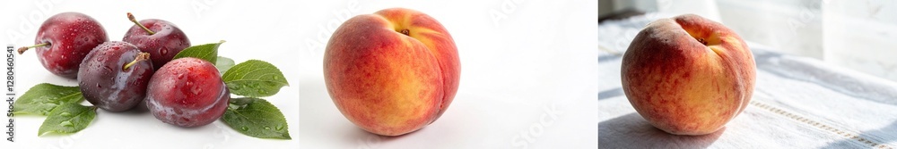 Juicy plums and peaches with droplets of water highlight freshness and vitality. Juicy plums and peaches with droplets of water highlight freshness and vitality.