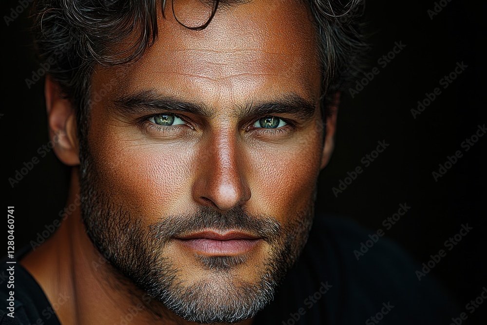 Fototapeta premium Portrait of a man with striking blue-green eyes and tousled dark hair, capturing confidence and charisma in a close-up, natural lighting setting