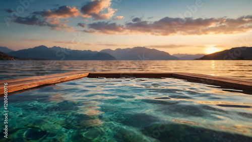 Wooden table  on the beach at sunset with a view of the sea and sky