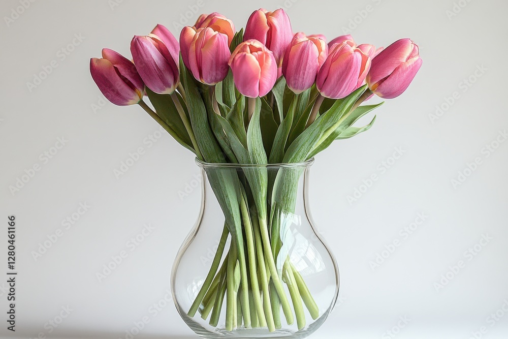 Fresh pink tulips arranged in a clear glass vase capturing the essence of springtime beauty and elegance Fresh pink tulips arranged in a clear glass vase capturing the essence of springtime beauty and elegance
