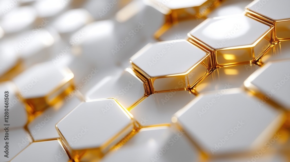 Obraz premium Elegant futuristic tech vector: Gold hexagonal patterns on white, abstract design