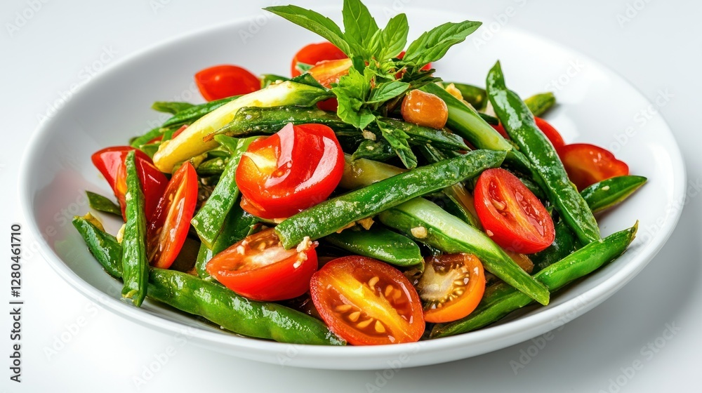 Detailed Hyper-realistic image of Thai stir-fried morning glory (Pad Pak Boong Fai Daeng) on a pure white background, isolated, sharp details, professional studio lighting Detailed Hyper-realistic image of Thai stir-fried morning glory (Pad Pak Boong Fai Daeng) on a pure white background, isolated, sharp details, professional studio lighting