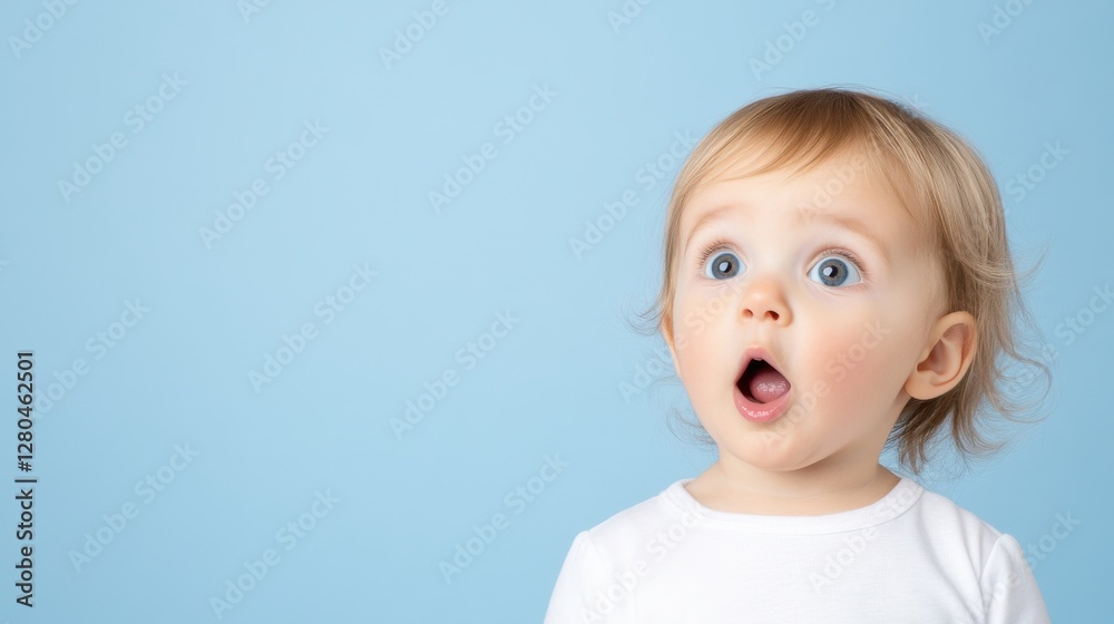 Child displays wonder and surprise in front of blue background with wide eyes and open mouth, capturing pure joy and innocence at a moment of discovery Child displays wonder and surprise in front of blue background with wide eyes and open mouth, capturing pure joy and innocence at a moment of discovery