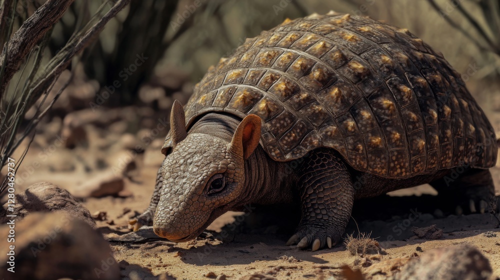 Fototapeta premium Brown Armadillo Foraging on Sandy Ground in Desert Sunlight