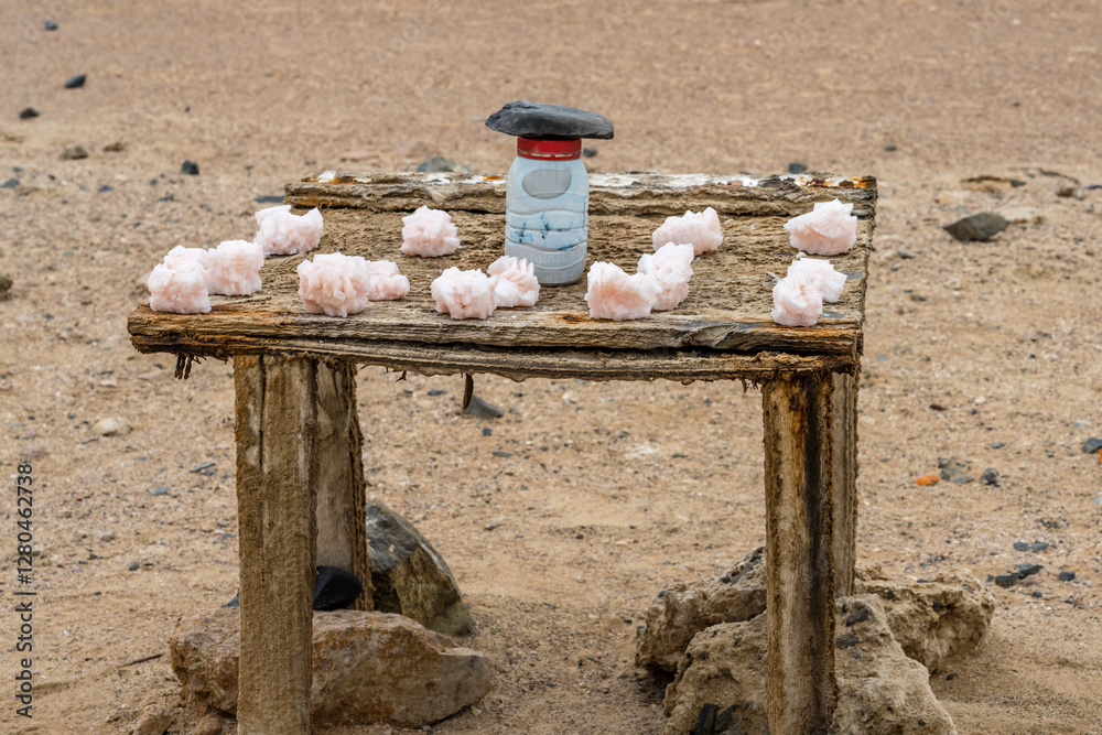 showcase of salt cristals at honesty market shop in desert, near Cape Cross, Namibia