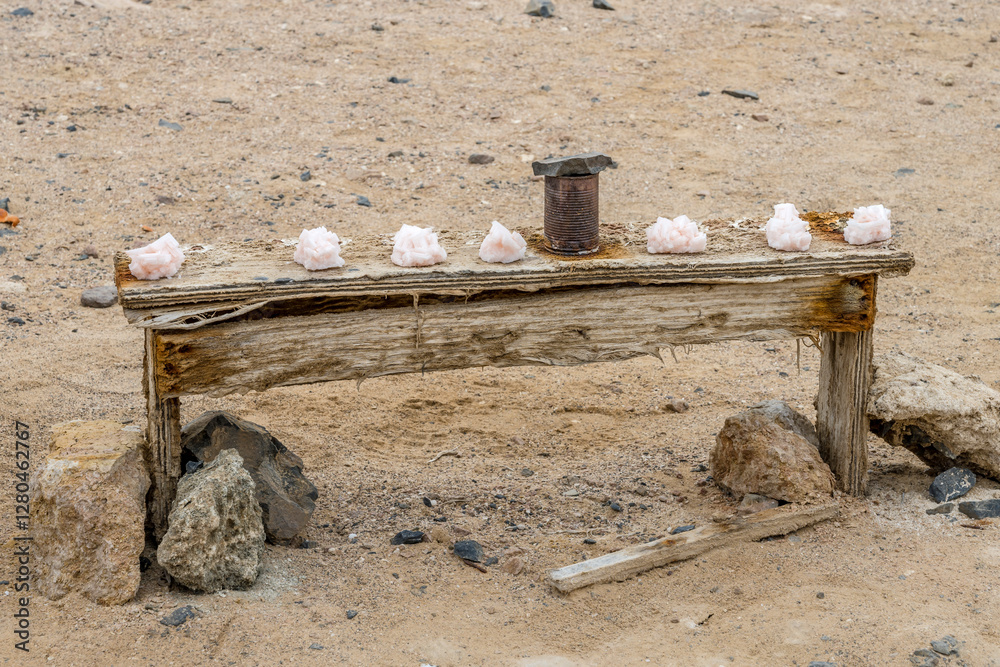 salt cristals showcase at honesty market shop in desert, near Cape Cross, Namibia