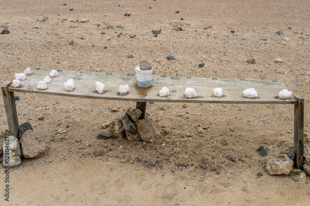 large salt cristals showcase at honesty market shop in desert, near Cape Cross, Namibia