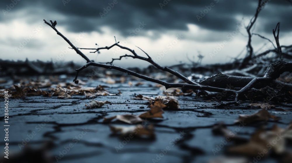 Fototapeta premium Broken tree branch on cracked pavement surrounded by scattered leaves and debris, depicting aftermath of strong winds and stormy weather, environmental damage concept. 