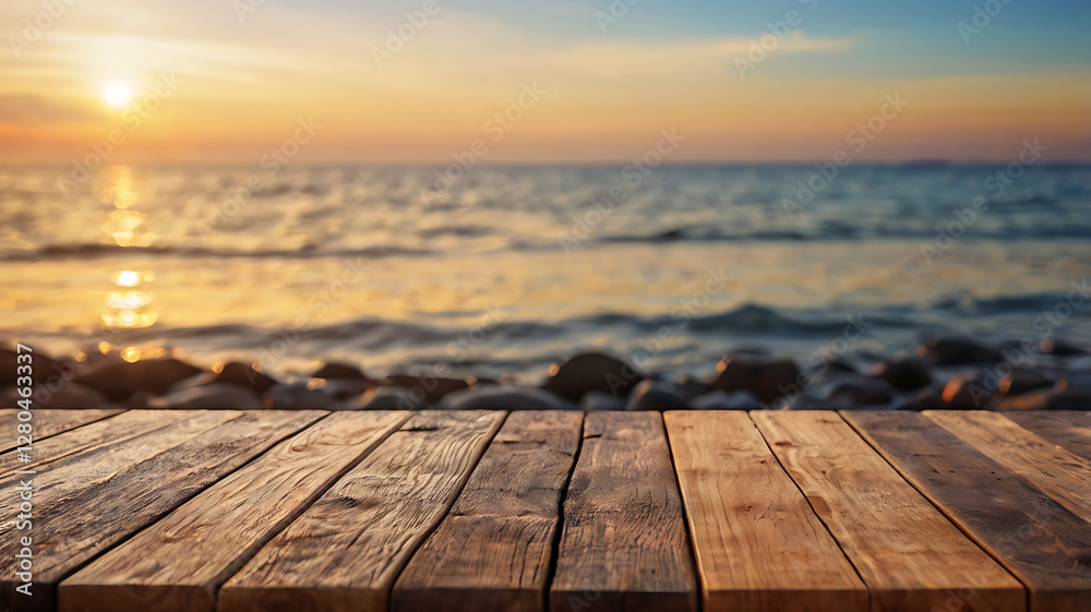 Wooden table on the beach at sunset with a view of the sea and sky Wooden table on the beach at sunset with a view of the sea and sky