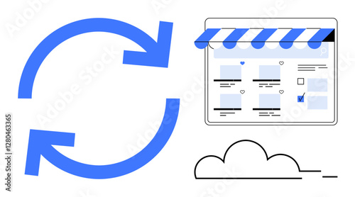 Blue circular arrows indicating a refresh process next to a storefront interface of an e-commerce website with a cloud graphic. Ideal for website updates, e-commerce, cloud computing, online stores
